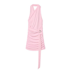 Pink halter neck dress with a belt on a white background