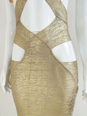 Gold Beaded Fringe Halter Cutout Bandage Maxi Dress