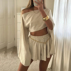 Vintage Skew Collar Long Sleeved Top+Shorts Beach Suit Asymmetric Navel Holiday Outfit Spring Summer Cotton Linen Women Set Golden Atelier