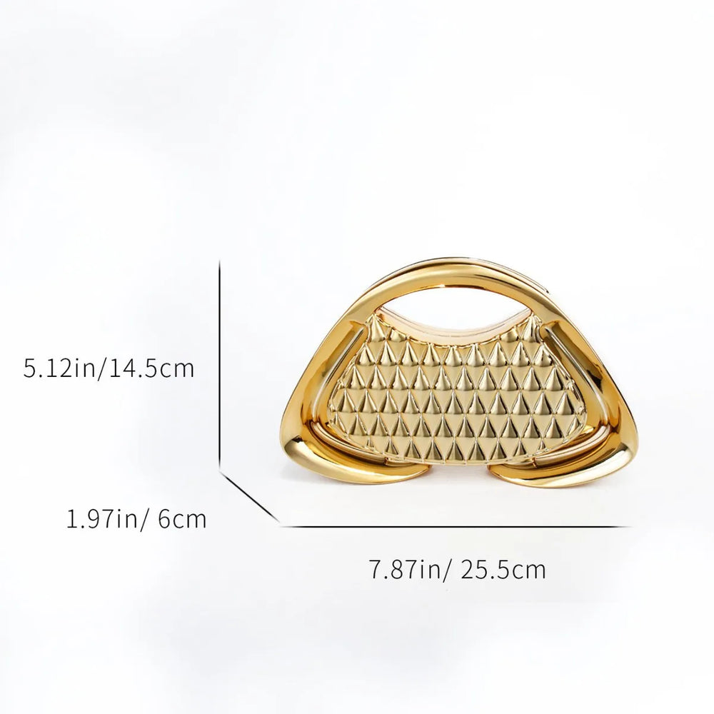Gold triangular ring with pyramid pattern and measurements on a white background