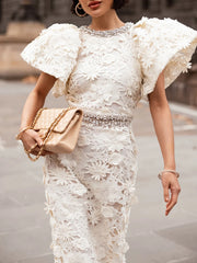 White Embroidered Flare Top And Midi Skirt with Crystal Embellishment Set
