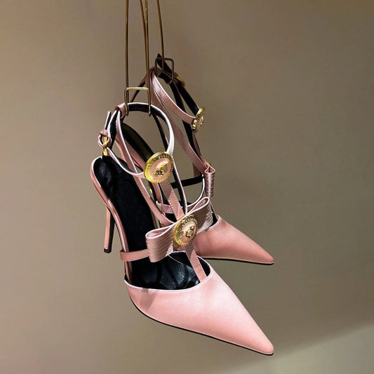 Light pink silk bow strap high heel sandals