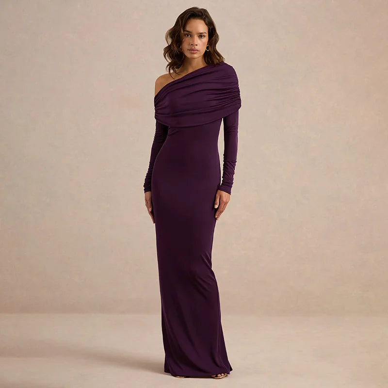 Purple one-shoulder maxi dress with draped neckline