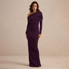 Purple one-shoulder maxi dress with draped neckline