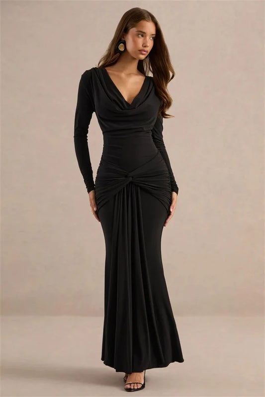 Black draped cowl neck long sleeve maxi dress with knotted front detail