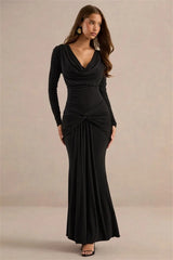 Black draped cowl neck long sleeve maxi dress with knotted front detail