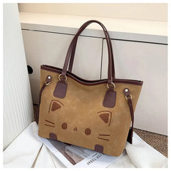 Cute Cat Face Suede Shoulder Tote Bag