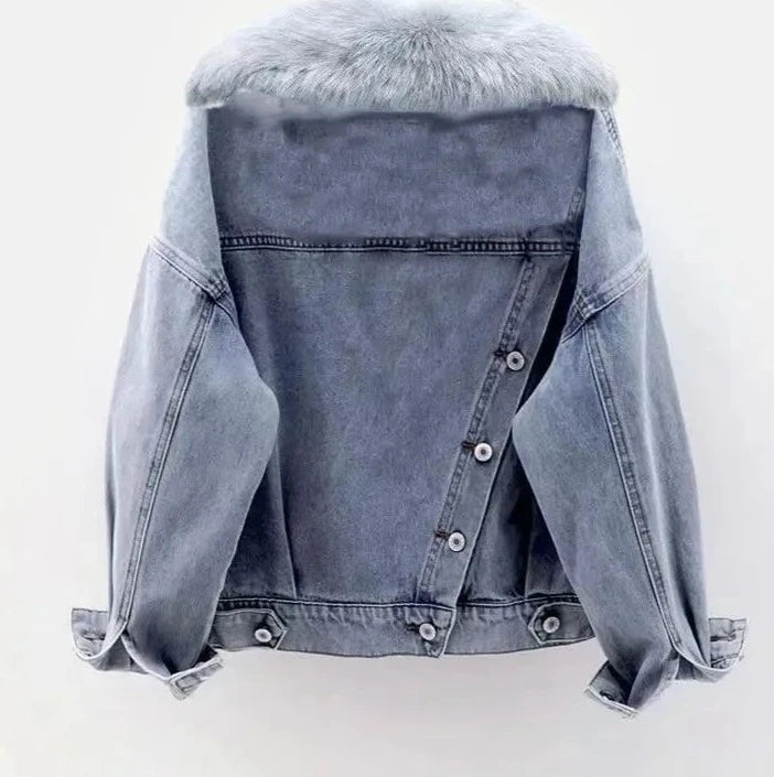 Blue Denim Coat Zipper Hooded Thick All-match Jacket