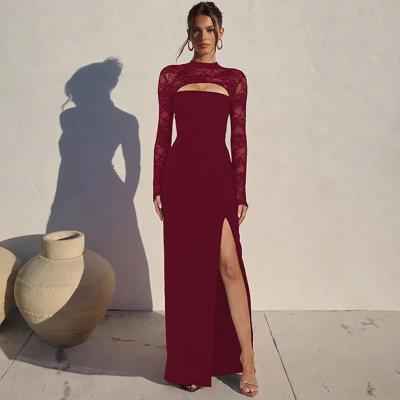 Mock neck lace maxi dress in wine, full length