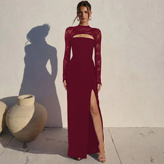 Mock neck lace maxi dress in wine, full length
