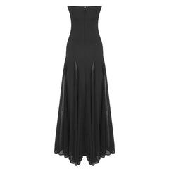 Black strapless gown with sheer panels on a white background