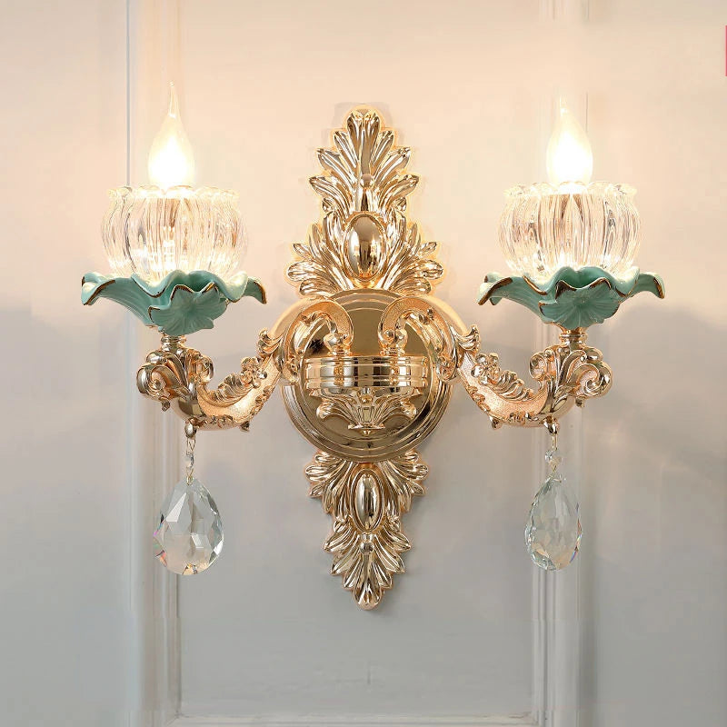 European Style Retro Crystal Lamp Ceramic Flower Wall Lamp