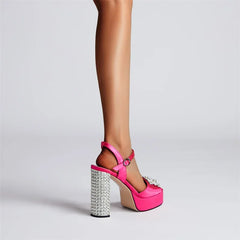 Satin Platform Crystal Embellishment Block Heels