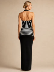 Black Bandage Striped Halter Neck Maxi Dress