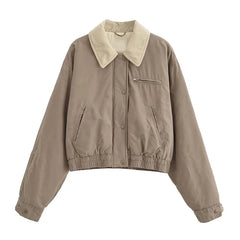 Brown Corduroy Collar Zipper Bomber Jacket