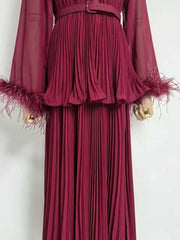 Round Collar Bow Neck Long Sleeve Pleated Maxi Dress