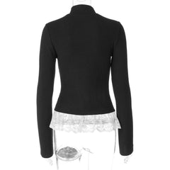 Ribbed Lace Trim Mock Neck Top