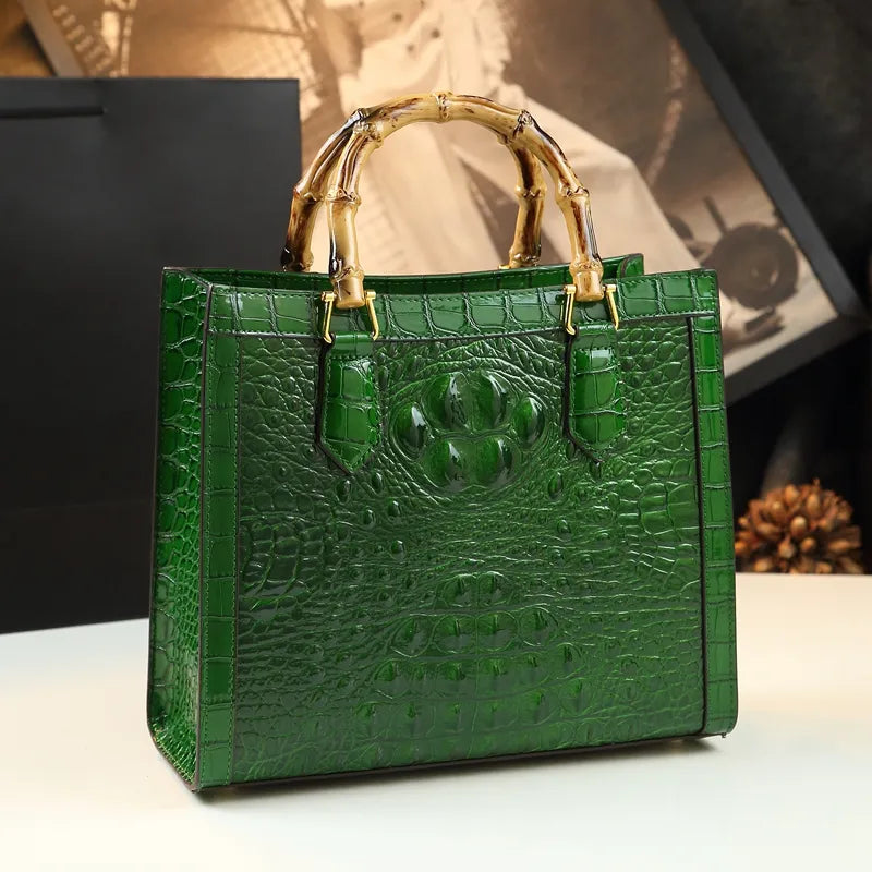 Leather Bamboo Crocodile Pattern Messenger Bags . Green . Golden Atelier 1