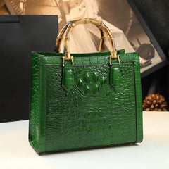 Leather Bamboo Crocodile Pattern Messenger Bags . Green . Golden Atelier 1