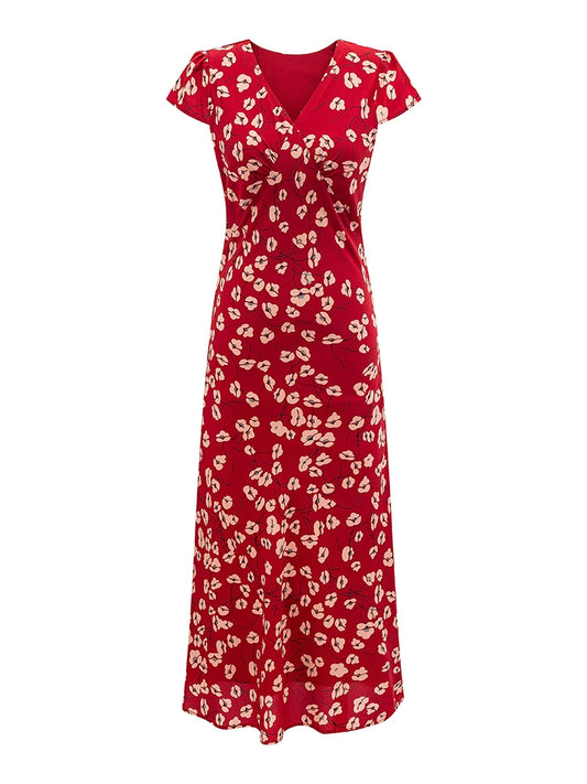 V-neck short sleeve A-line maxi dress front product view