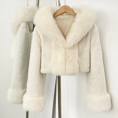 cream short faux fur hoodie jacket