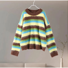 Mohair Striped Long Sleeve Contrast Sweater