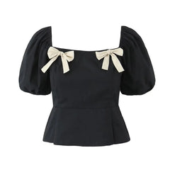 Black Patchwork Bow Square Collar Puff Sleeve Blouse