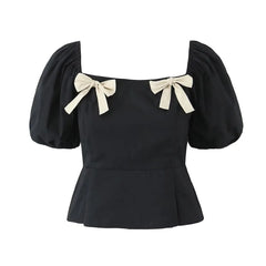 Patchwork Bow Square Collar Puff Sleeve Elastic Back Top