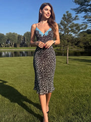Leopard Print Lace Trim Strappy Mesh Midi Dress
