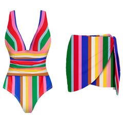 Multi-colored striped one-piece swimsuit and wrap skirt
