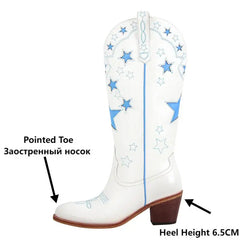 White knee-high Western cowgirl boots with star details.