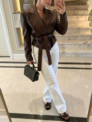 Faux Leather Belted Lapel Jacket