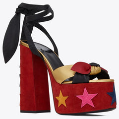 Floral Platform Bow Ankle Strap Heels