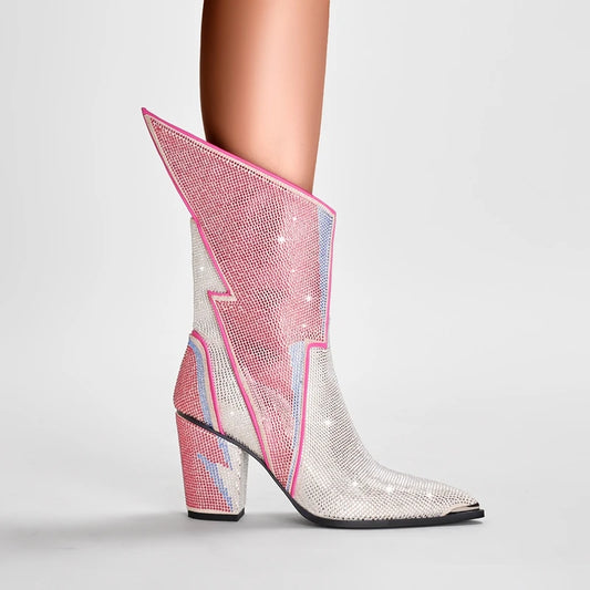 Crystal embellished lightning bolt mid-calf boots with pointed toe and block heel.