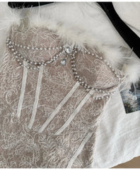 Feather Trimmed Pearl Embellished Corset Dress