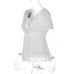 White Sheer Lace V-Neck Short Sleeve Top