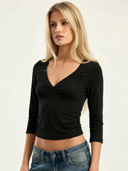 V Neck Three Quarter Sleeve Crop Top