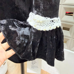 Black Long Sleeve Velvet Ruffled Lace Mini Dress