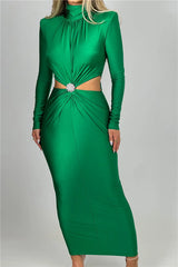 Satin Long Sleeve Brooch Solid Midi Dress Green- Golden Atelier