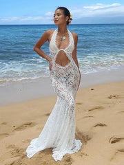 See Through Lace White Open Back Hollow Out Long Dress