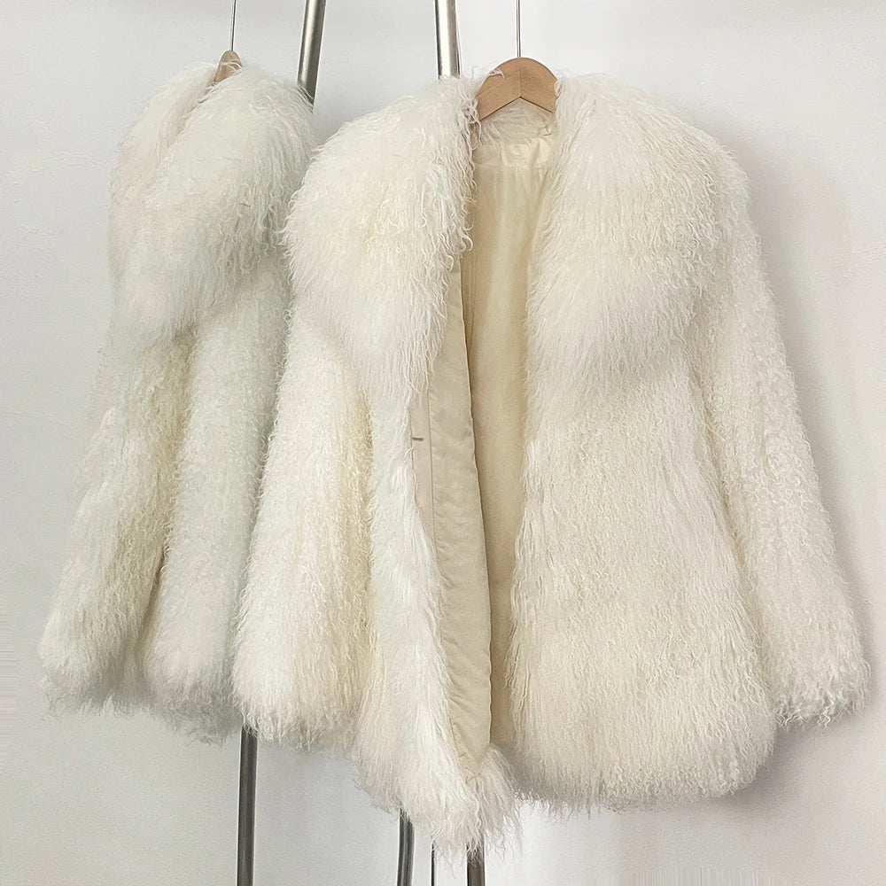 White fluffy coat on a hanger against a white background