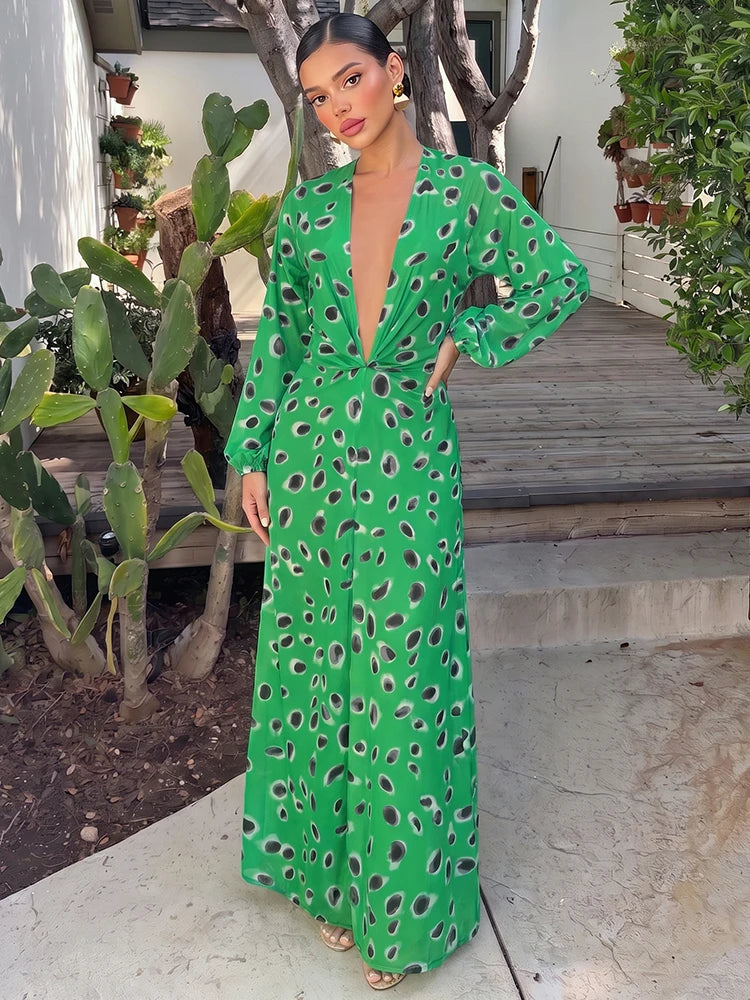 Abstract spot print V-neck maxi dress with long sleeves and high slit