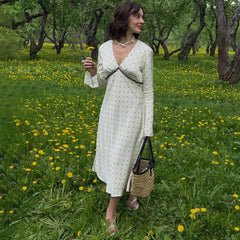 Satin Polka Dot Long Sleeve Midi Dress