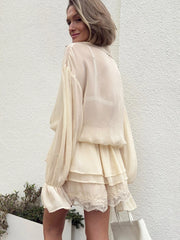 Beige Tiered Bell Sleeve Lace Up Mini Dress