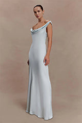 Off-Shoulder Cowl Neck Maxi Dress with Draped Front