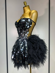 Strapless Sequin Feather Mini Dress