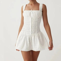  White Embroidery Lace Ruched Chest Corset Mini Dress