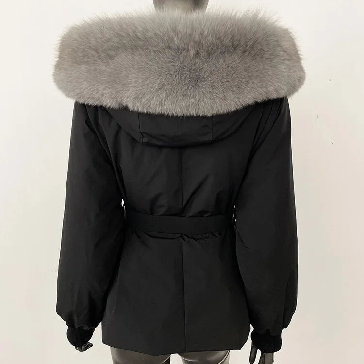 Black parka coat with a large fur collar 