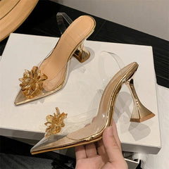  Fashion Flower Crystal Flower Designer Women Pumps PVC Transparent Strange Heels Sandals Sexy Pointed Toe Prom Shoes Golden Atelier 1