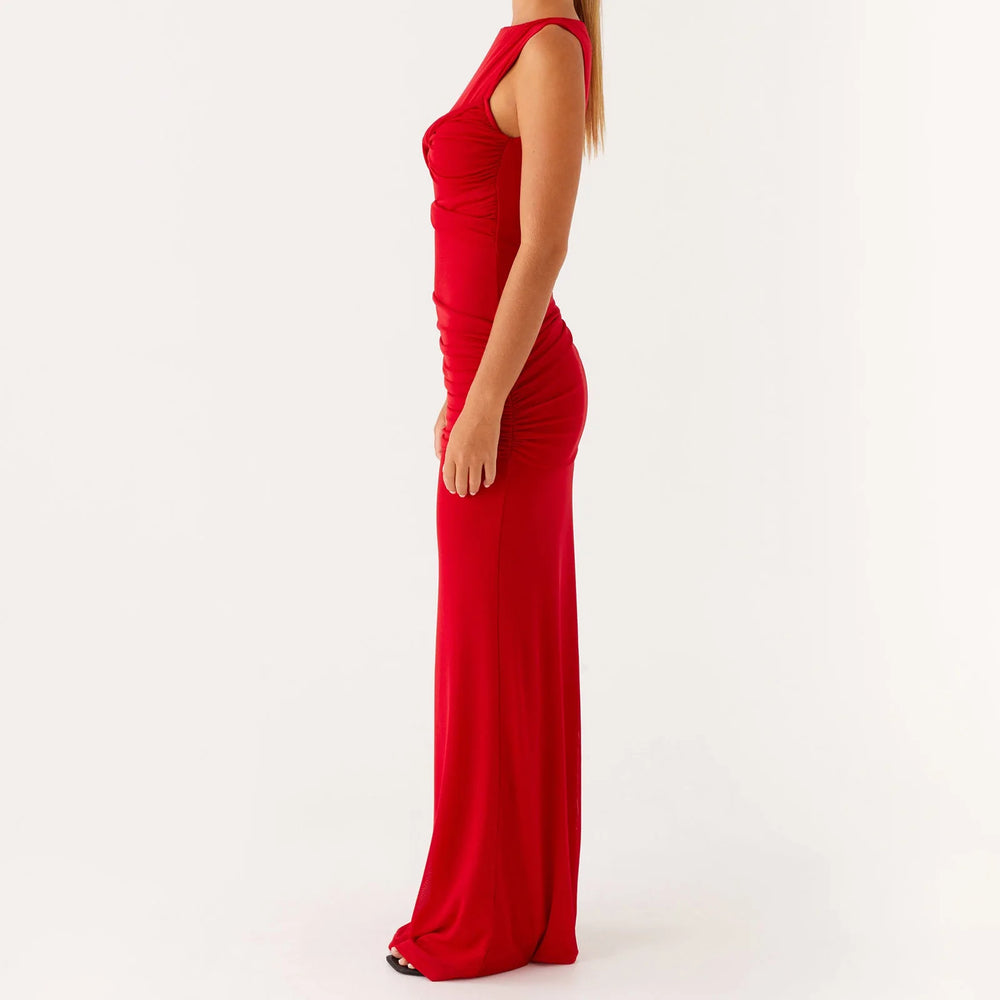 Red evening gown on a white background